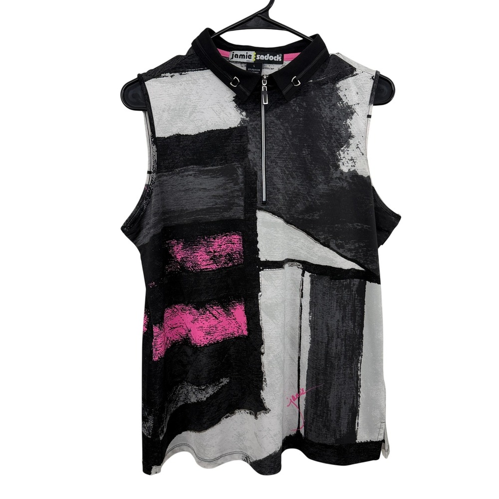 Jamie Sadock Top Womens Large Black Pink Abstract Print Sleeveless Quarter Zip